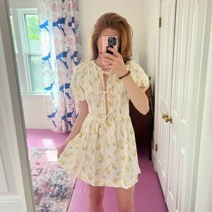 Linen Floral bows White Dress with Yellow Accents